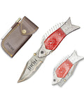 Damascus Steel Folding Knife With Ladder Pattern Blade And Copper Fish Style Handle, Brass Engraved Resin Grip, Leather Sheath shown open
