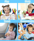 Collage of children wearing Kid Friendly Noise Canceling Headphones For Autism Ear Protection With Cushioned Headband And Soft Padding Blue