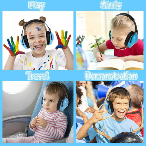 Collage of children wearing Kid Friendly Noise Canceling Headphones For Autism Ear Protection With Cushioned Headband And Soft Padding Blue