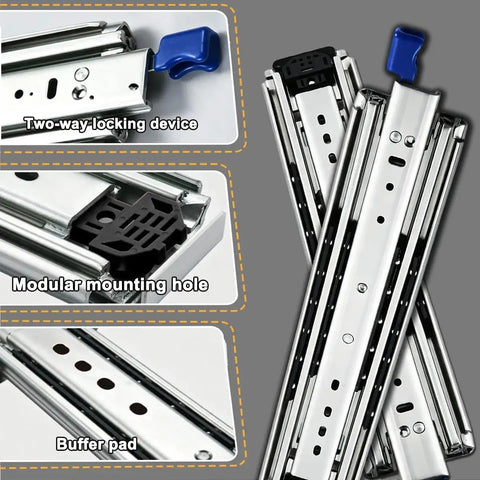Tough As Nails Heavy Duty Drawer Slides With Lock For Pickup Trucks Side Mount 3 Fold Design 485 Lb Load Rating Built For Tool Boxes Truck Bed Storage RV Compartments And Industrial Cabinets, stainless steel close-up