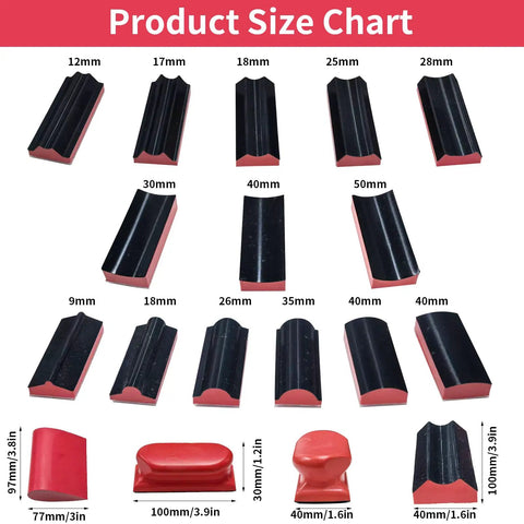 Product size chart for No Fuss Hand Sanding Block Set Of 16, featuring various foam pad dimensions.