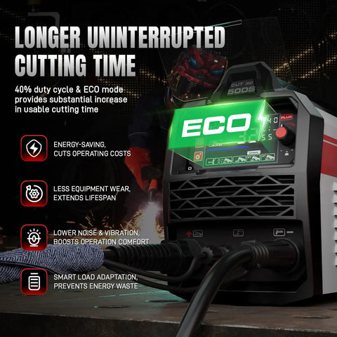 Non-Touch Pilot Arc Plasma Cutter 50A For DIYers, 110/220V, 4.05 Inch LED Display, front view showing ECO mode