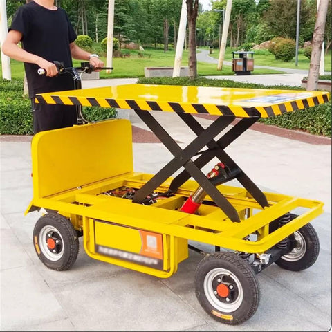 Heavy Duty Hydraulic Lift Table And Four Wheel Manual Push Platform designed for pallet handling at busy job sites.