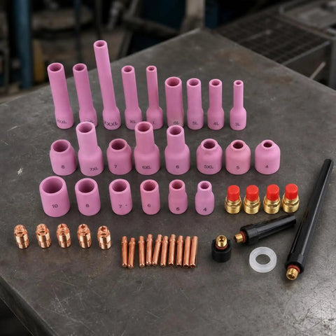 Get Your Tig Torch Running Smooth With This Ultimate Industrial Parts Accessory Kit, Featuring pink ceramic nozzles and brass fittings.
