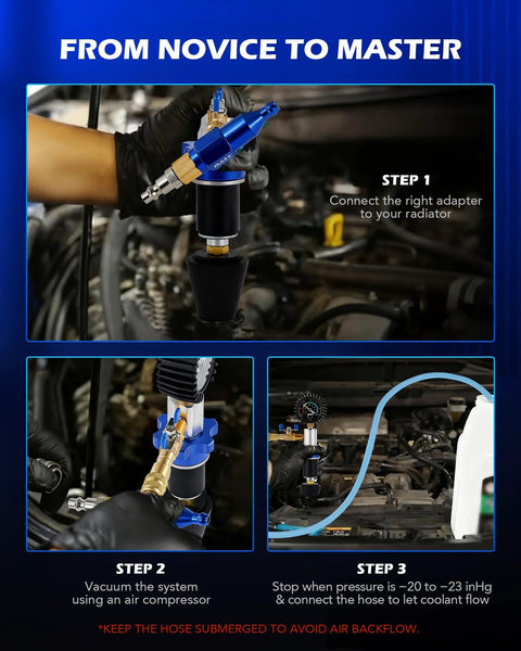 Orion Motor Tech coolant vacuum refill kit, 13-piece automotive tool set with blue conical adapter and splashproof hose