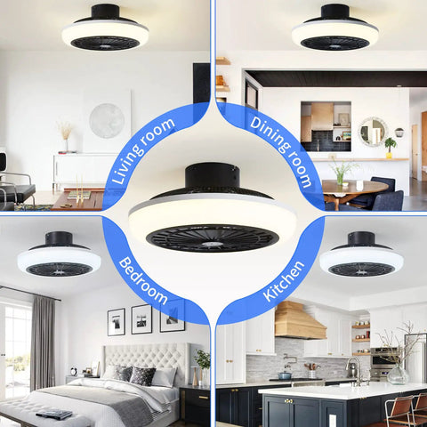 Low Profile Bladeless Ceiling Fan With Light 18 Inch Enclosed Flush Mount Quiet Pure Copper Motor for various rooms.