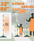 Beefy Turf Rake With Steel Telescopic Handle, Adjustable From 32 To 55 Inches, 3 Piece Pole, Easy Storage Design. Image shows telescopic rake with measurements.