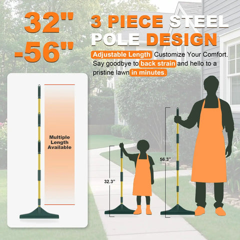 Beefy Turf Rake With Steel Telescopic Handle, Adjustable From 32 To 55 Inches, 3 Piece Pole, Easy Storage Design. Image shows telescopic rake with measurements.