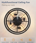 20 Inch Caged Ceiling Fan With Light And Remote, Low Profile Flush Mount Fandelier In Black, Bladeless Enclosed Ceiling Fixture