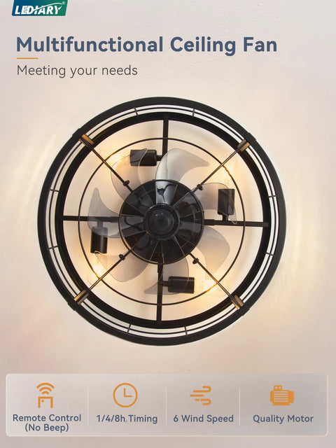 20 Inch Caged Ceiling Fan With Light And Remote, Low Profile Flush Mount Fandelier In Black, Bladeless Enclosed Ceiling Fixture