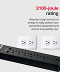7 Outlet 2 USB Surge Protector Strip 2100 Joules With Surge Protection Multi Outlet Extension Cord, black, close-up view