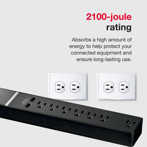 7 Outlet 2 USB Surge Protector Strip 2100 Joules With Surge Protection Multi Outlet Extension Cord, black, close-up view