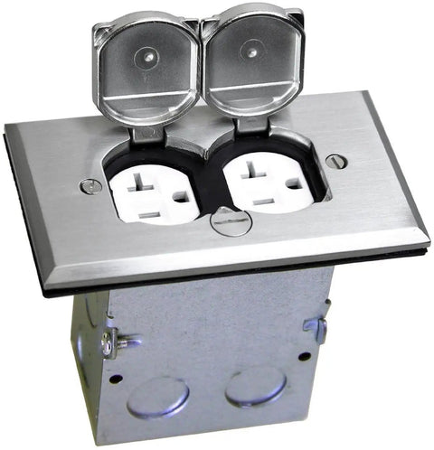 Flip Lid Floor Box Kit With 20A Tamper-Resistant Duplex Outlet, 1-Gang Junction Box, Watertight Gasket, UL Listed