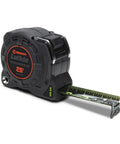 Auto Lock Tape Measure With 25 Foot Reach, Thick Diamond Coated Blade, Extra Protective Sleeve, black casing, extended.