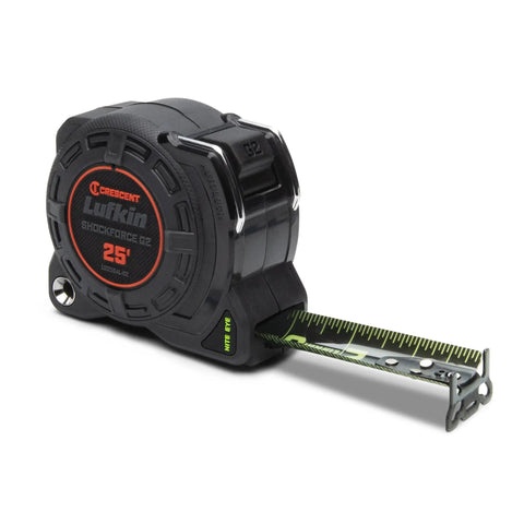Auto Lock Tape Measure With 25 Foot Reach, Thick Diamond Coated Blade, Extra Protective Sleeve, black casing, extended.