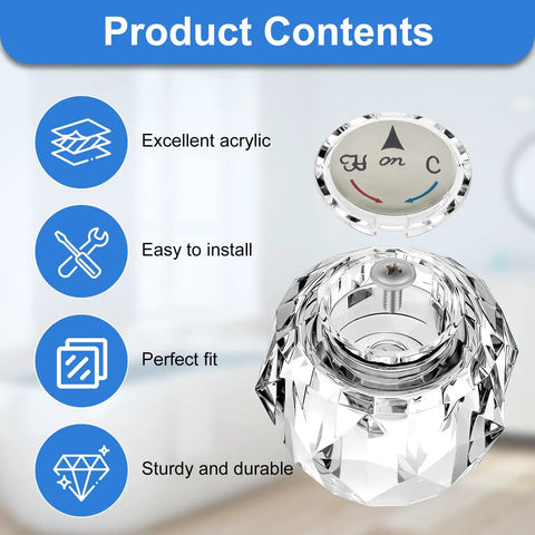 Two Piece RP2389 Faucet Knob Replacement For Single Knob Bathroom Sink Faucets Clear Acrylic Handle with button and screw visible