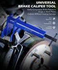Orion Motor Tech brake caliper piston compressor tool, blue metal clamp shown installed on a vehicle brake caliper.