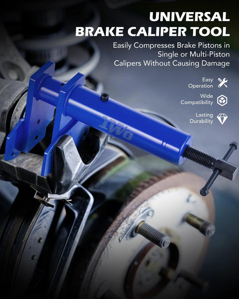 Orion Motor Tech brake caliper piston compressor tool, blue metal clamp shown installed on a vehicle brake caliper.