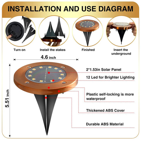 Bronze Solar In Ground Disc Lights 8 Pack For Pathway Garden Yard Patio Walkway 12 LED Outdoor Landscape Lighting Kit