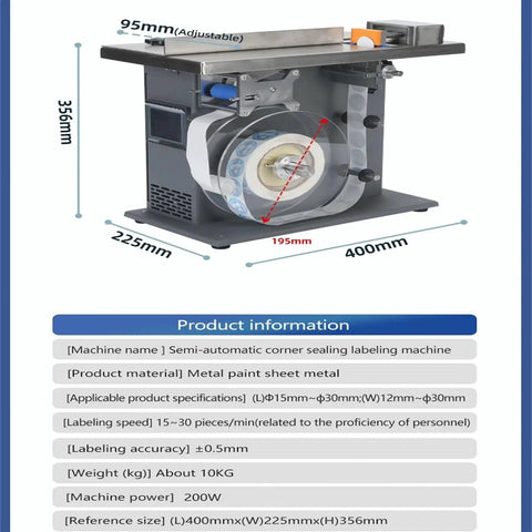 Top Notch Automatic Right Angle Labeling Machine, 90 Degree Corner Applicator with adjustable settings and clear labeling system.
