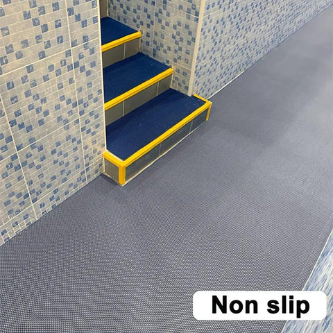 Drainage Non Slip Floor Mat 3 Feet By 16.4 Feet PVC Mesh Heavy Duty in shower area, shown near stairs with non-slip text.