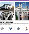 Collage of a car, industrial machinery, gas cylinders, and a mechanical component with applications text below.