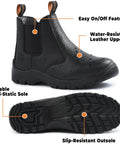 Men's Slip On Steel Toe Chelsea Work Boots, Waterproof And Slip Resistant, Lightweight Safety Shoes With Breathable Lining, shown from side view with water-resistant leather and slip-resistant outsole.