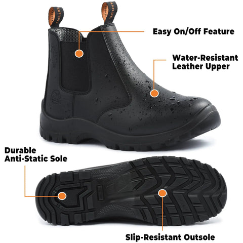 Men's Slip On Steel Toe Chelsea Work Boots, Waterproof And Slip Resistant, Lightweight Safety Shoes With Breathable Lining, shown from side view with water-resistant leather and slip-resistant outsole.