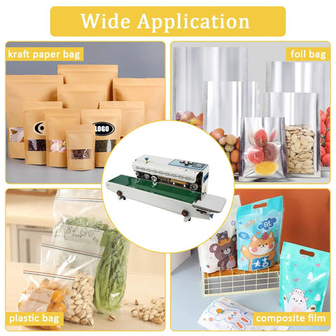 Pro Level Automatic Commercial Bag Sealer Machine With Built In Inkjet Printer High Speed Heat Seal System 110V on display with bags.