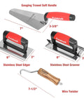 8 Piece Masonry Tool Set Pro Grade With Finishing Trowel Gauging Trowel Groover Edger Extruded Alloy Float Wood Float And Wire Twister In Durable Tool Bag With tools displayed against white background