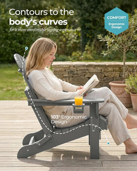 Person sitting in Easy Fold Adirondack Chair Built For Chill Outdoor Vibes With Wood Texture Finish Weather Resistant Plastic