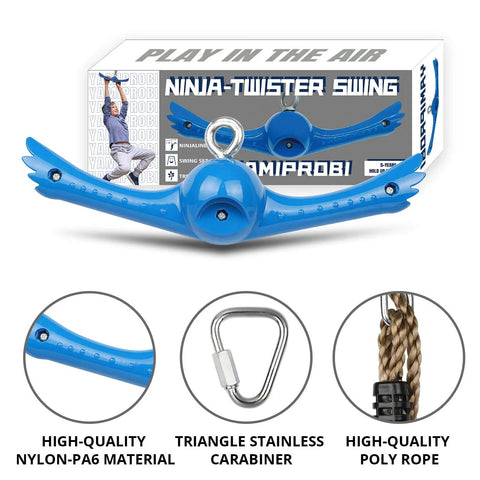 Ninja Twister Swing Spins Set Slackline Attachments 360 Degree Handle Twist Spin Flips Toy Activate Ninja Powers Warrior Accessories Kids Hang Toys For Playground Backyard Blue with packaging and components.