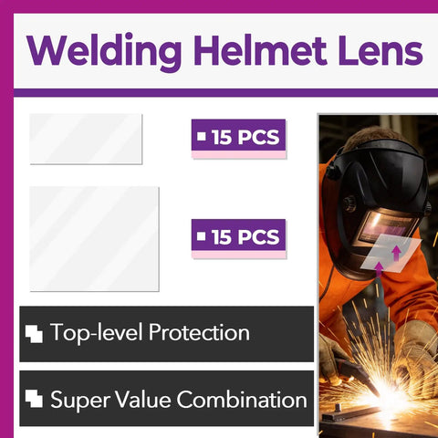 Heavy Duty Replacement Welding Lens Kit For LYG L600A Helmets with 15 outer covers and 15 inner window glass in image.