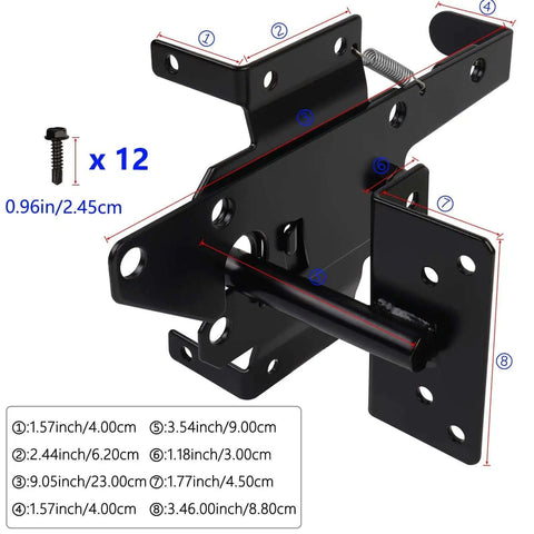 Diagram of Heavy Duty Gate Latch For Wooden Fences Post Mount Automatic Gravity Lever Self Locking Gate Hardware with dimensions.