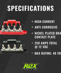Specifications of Beefy 250 Amp 4 Post Power Distribution Block Bus Bar With Cover for automotive marine and solar wiring.