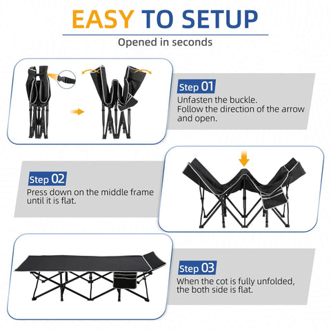 Extra Wide 32 Inch Camping Cot With Thick Mattress Holds Up To 600 Lbs setup instructions for easy assembly and transport