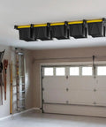 Garage Ceiling Storage Rack 16 Inch Overhead Tote System With Heavy Duty Adjustable Rails For Five Bins Not Included installed in a garage