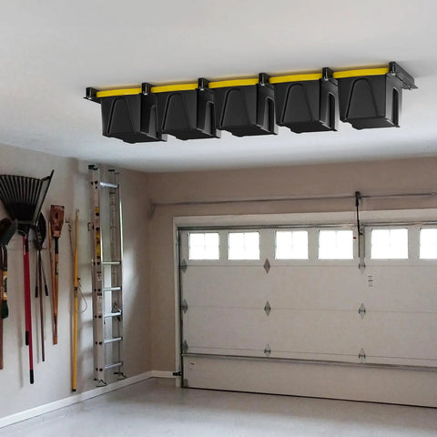 Garage Ceiling Storage Rack 16 Inch Overhead Tote System With Heavy Duty Adjustable Rails For Five Bins Not Included installed in a garage