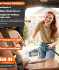 2500 Watt Handheld Steam Cleaner With One Point Eight Quart Tank And Ten Attachments For Grout Range Hood Tile Upholstery Car Detailing High Temp Cleaning Machine For Home Use in action, cleaning car upholstery.