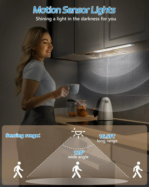 Woman in kitchen with Rechargeable Motion Sensor LED Cabinet Light Two Pack, illustrating wide angle sensing range.