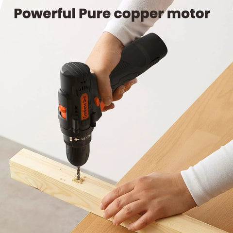 12V Cordless Drill Driver The Go Heavy Lifter With A Zippy 2.0Ah Battery, being used to drill into a wooden plank.
