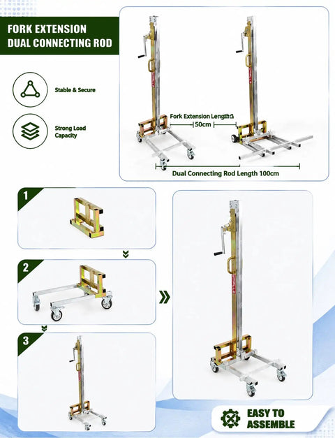 Compact Material Lift Stacker With Manual Winch Forklet Offers Easy Heavy-Duty Lifting For Small Loads Up To 80kg with fork extension and dual connecting rod.