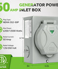 50 Amp Generator Power Inlet Box Featuring Nema SS2-50P, 6250W/12500W with weather-sealed housing for outdoor wiring.