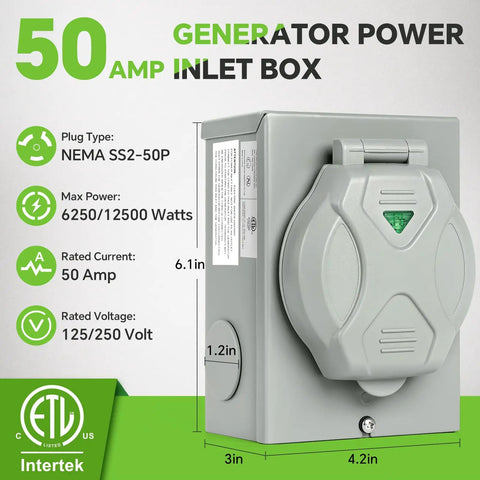 50 Amp Generator Power Inlet Box Featuring Nema SS2-50P, 6250W/12500W with weather-sealed housing for outdoor wiring.