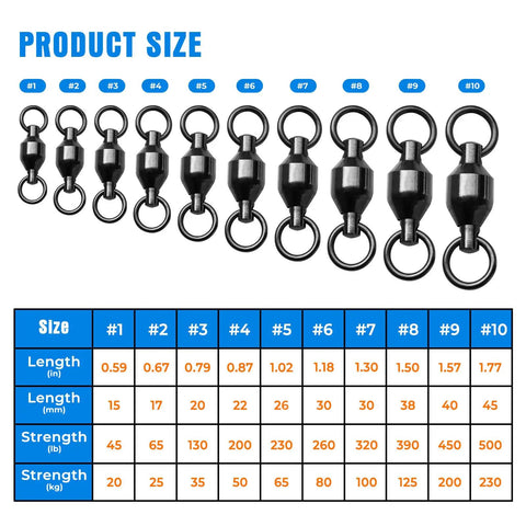 20 Piece Pro Grade High Strength Fishing Swivels With Ball Bearings, Stainless Steel Connectors For Freshwater And Saltwater, Built Tough Copper And Steel Construction, Weatherproof, Rust Resistant Tackle For Anglers, size chart #1-#10