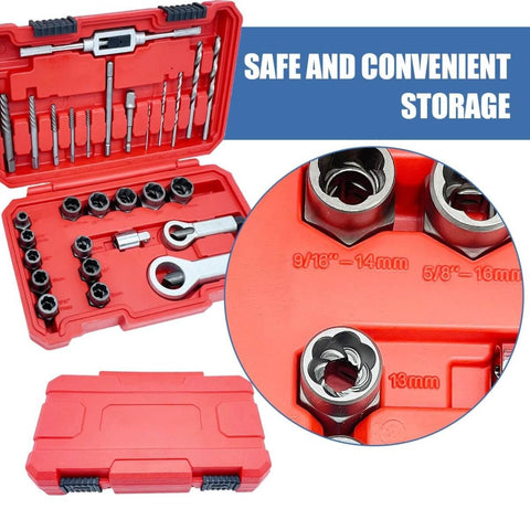 Impact Bolt And Nut Removal Drill Bit Kit in red case with extractors, nuts, and tools visible.