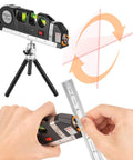 DIY Multipurpose Laser Level Tool Kit With Line Laser And Triangle Bracket on tripod, ruler close-up in use, for precise indoor tasks.