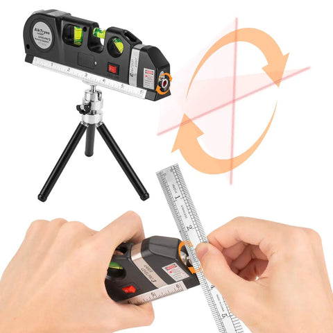 DIY Multipurpose Laser Level Tool Kit With Line Laser And Triangle Bracket on tripod, ruler close-up in use, for precise indoor tasks.