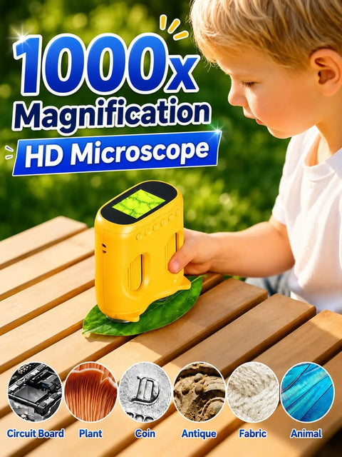 2 In 1 Digital Kids Microscope And Telescope With 2 Inch LCD Screen, 1000X Magnification For Bug Exploration And Nature Discovery, 10X Telescope For Distant Views Of Plants And Birds, Fun STEM Toy For Curious Explorers, child viewing leaf