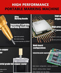 Heavy Duty Portable Dot Peen Engraver With Rotary Function For Deep Metal Marking And Vin Code Etching Built Tough Job Site Ready showcasing a carbide marking needle and microcontroller.